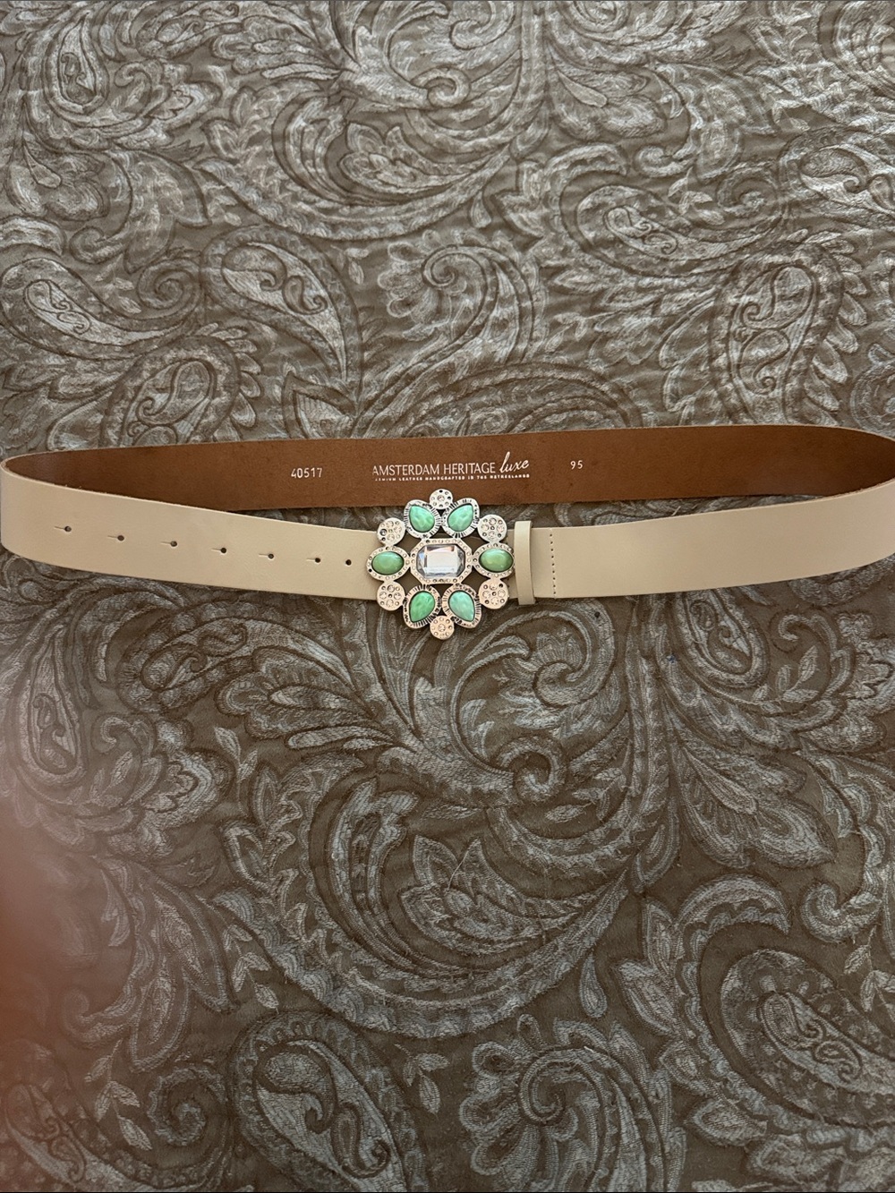 NWOT leather cream beige belt with jewel buckle. Never worn